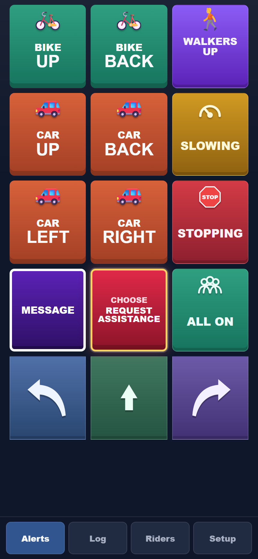 Real Group Ride Alert alerts screen with large ride alert buttons