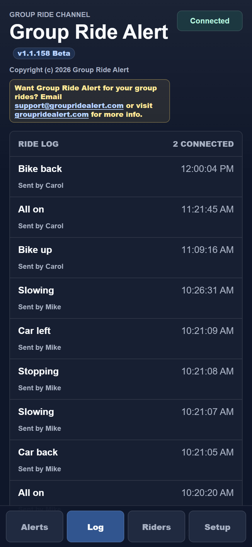 Real Group Ride Alert ride log screen