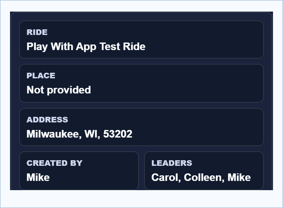 Clear ride details screen showing ride name, address, creator, and leaders